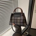 Sac à bandoulière rétro à carreaux avec poignée ronde en résine et cuir gris-brun - Noir