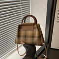 Sac à main rétro à carreaux jaunes avec poignée ronde marron et bandoulière amovible - Marron