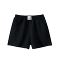 Girls black athletic shorts with elastic drawstring waist and white woven patch label - Black / 120cm