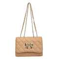 Beige quilted crossbody bag with silver bow accent and leather chain strap for women - Khaki
