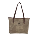 Grande borsa tote vintage in tela kaki scuro con manici in pelle marrone e metallo - Bianco Sporco