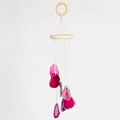 Handmade pink agate slice wind chime with natural wood rings for elegant home decor - Red
