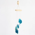 Hanging wind chime with blue agate slices, wooden rings, and white cotton ropes - Blue