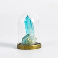 Blue crystal cluster in a clear glass dome on an antique bronze base decor - Crystal Column Style / Blue