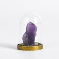 Natural amethyst crystal specimen in glass dome with retro gold metal base ornament - Amethyst Raw Stone / Purple