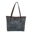 Grande borsa tote minimalista in tela grigia con manici in pelle marrone e rivetti - Blu Denim