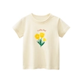 Girls' cream short sleeve T-shirt with yellow tulips and Lucky Day print - 90 / Beige Apricot