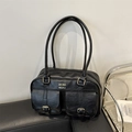 Borsa bowling nera retrò in pelle PU con doppie tasche anteriori e dettagli oro - Nero