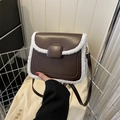 Brown faux leather crossbody bag with white faux fur trim and adjustable strap - Brown