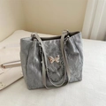 Silver wrinkled leather tote bag with butterfly pendant and metallic chain strap - Silver