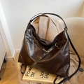 Large dark brown leather tote bag with vintage gold hardware for daily commuting - Brown