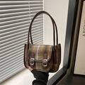 Bolso de hombro retro de lana a cuadros marrón con ribete de cuero y hebillas - Marrón