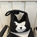 Bolso tote acolchado con parche de perro de peluche para estilo casual de otoño - Negro
