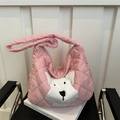 Bolso tote acolchado rosa con parche de perro de peluche y correa de hombro suave - Rosa