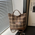 Borsa tote a scacchi marroni con ricamo a forma di bassotto e base in pelle - Stile Dettaglio Rosa (Quadri Marroni)