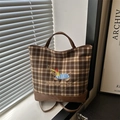 Borsa tote a quadri marrone con ricamo bassotto e finiture in pelle per autunno e inverno - Stile Dettaglio Blu (Quadri Marroni)