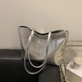 Silver large capacity tote bag with embossed crocodile texture and shoulder straps - Silver