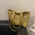 Golden crocodile pattern tote bag with large capacity and stylish double handles - Gold