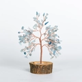 Natural light blue crystal stone money tree with copper wire and wooden base - Crystal Tree Ornament / Aquamarine