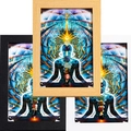 Meditation yoga wall art with 7 chakra crystals in natural, black, and white wood frames - Style 7