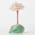 Pink crystal tree ornament with copper wire branches and a green natural stone base - Green Fluorite Base Clear Quartz Leaves