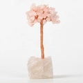 Handmade pink crystal money tree with copper wire on a raw quartz base gemstone - Clear Quartz Base Rose Quartz Leaves