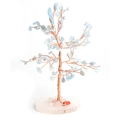Handcrafted crystal tree featuring blue stone leaves and a round pink quartz base - Aquamarine