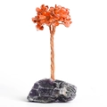 Handmade red agate gemstone tree with a natural amethyst crystal base for home decor - Amethyst Base Red Agate Leaves