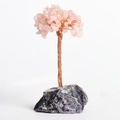 Pink crystal tree with copper wire trunk on a natural amethyst druzy base for desk decor - Amethyst Base Rose Quartz Leaves