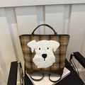 Borsa tote a quadri marroni con patch in peluche Westie e manici in pelle retrò - Cucciolo Bianco