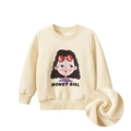 Sudadera beige de niña con cuello redondo, estampado de dibujos y cálido forro polar grueso - 90cm / Albaricoque Beige