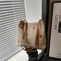 Sac fourre-tout en paille beige avec broderies fraises et doubles anses en cuir marron - Blanc