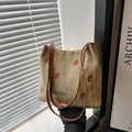 Sac à bandoulière en paille avec broderies fraises et lanières en cuir marron - Khaki