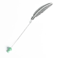 Marque-page plume en métal argenté avec pendentif champignon en cristal vert clair - Aventurine Verte