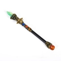Wizard wand with green crystal, bronze bee motif and colorful gems on a black handle - Green Crystal
