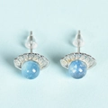 Silver stud earrings with blue round natural crystal beads and shell-shaped metal base - Aquamarine Shell Stud Earrings