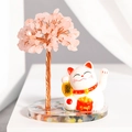 Arbre de cristal rose avec chat porte-bonheur blanc sur socle en résine pour la maison - Quartz Rose - Base Époxy / Avec Emballage
