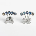 Radial fan-shaped stud earrings featuring blue gemstones and a silver ribbon bow - Bow Moonstone Stud Earrings