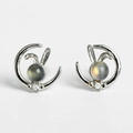 Silver bunny and crescent moon stud earrings with grey labradorite stone inlay - Rabbit Moonstone Stud Earrings