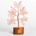 Pink crystal energy tree on natural wood base with copper wire branches for home decor - Rose Quartz with Wood Base