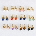Set of 12 pairs of golden cat-shaped stud earrings with colorful natural stone beads - Gold Cat / Strawberry Quartz