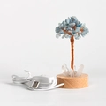 Handmade light blue crystal money tree lamp with raw white quartz cluster and wooden base - Aquamarine Night Light