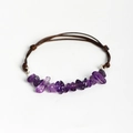 Handmade amethyst crystal chip bracelet with adjustable dark brown leather cord wrap - Purple Crystal