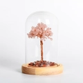 Albero di cristallo rosa in cupola di vetro con base in legno e foglie di gemme - Cristallo Rosa (Con Base a Cupola in Vetro)