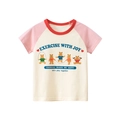 Kinder Raglan-T-Shirt aus Baumwolle mit rosa Ärmeln und fünf Cartoon-Bären-Sportprint - Beige Und Rosa / 90