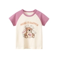 Girl's short sleeve t-shirt with pink raglan sleeves and cute cartoon bear print - 100cm / Apricot/Dark Pink