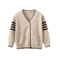 Klassiek beige gebreid vest voor kinderen met V-hals, bruine strepen en twee voorzakken - 90cm / Khaki