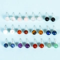 Set of 12 pairs of natural crystal round stud earrings in various multicolor gemstones - 8mm Silver Round Ball