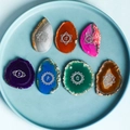 Set of seven colorful natural agate slices with engraved chakra symbols for meditation - Agate Slice Chakra Ornament Collection / Silver Style
