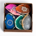 Seven chakra natural agate slice set with engraved symbols in a craft gift box - Silver Agate Set